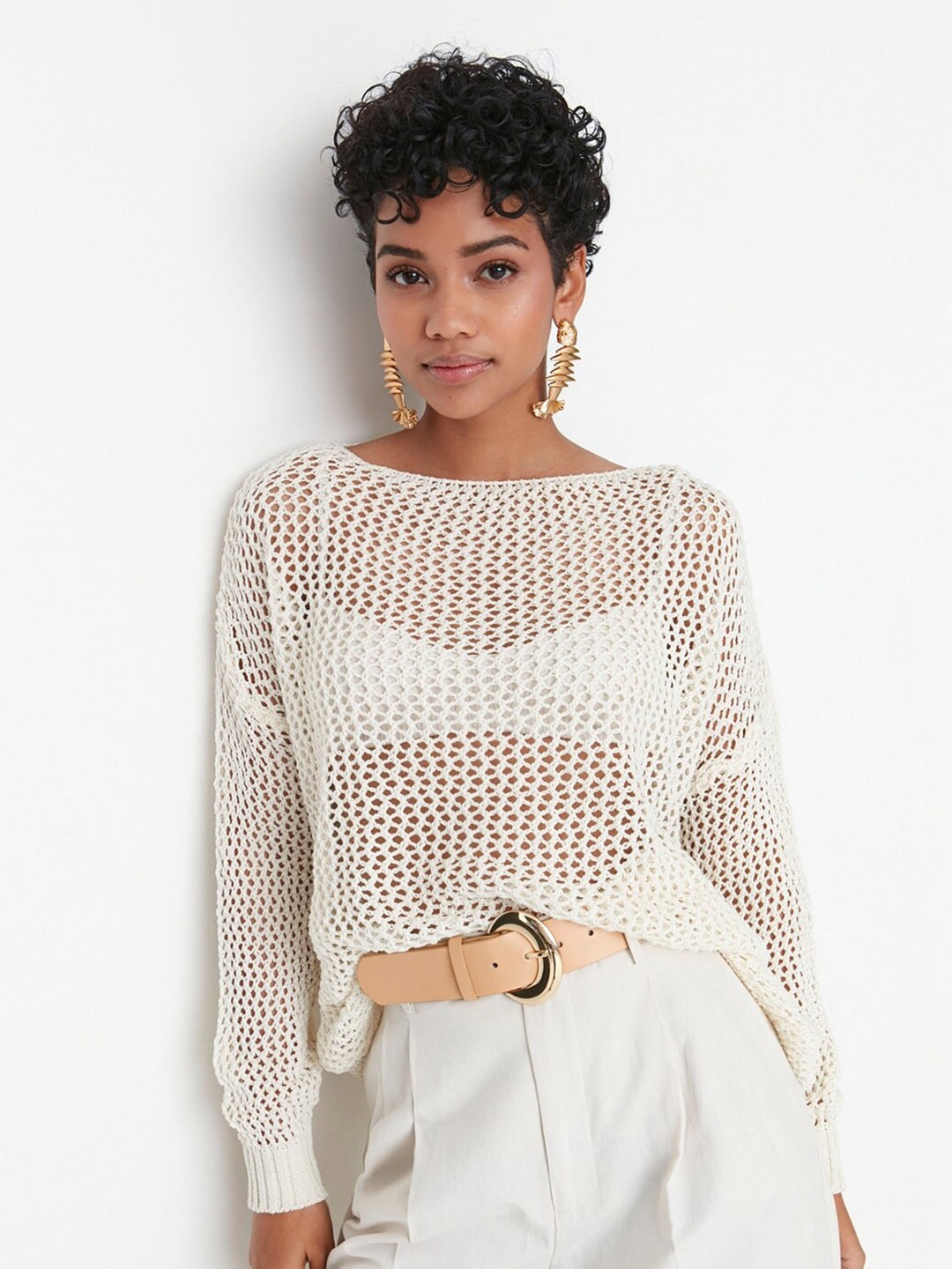 

Trendyol Self Design Open Knit Pullover Sweaters, White