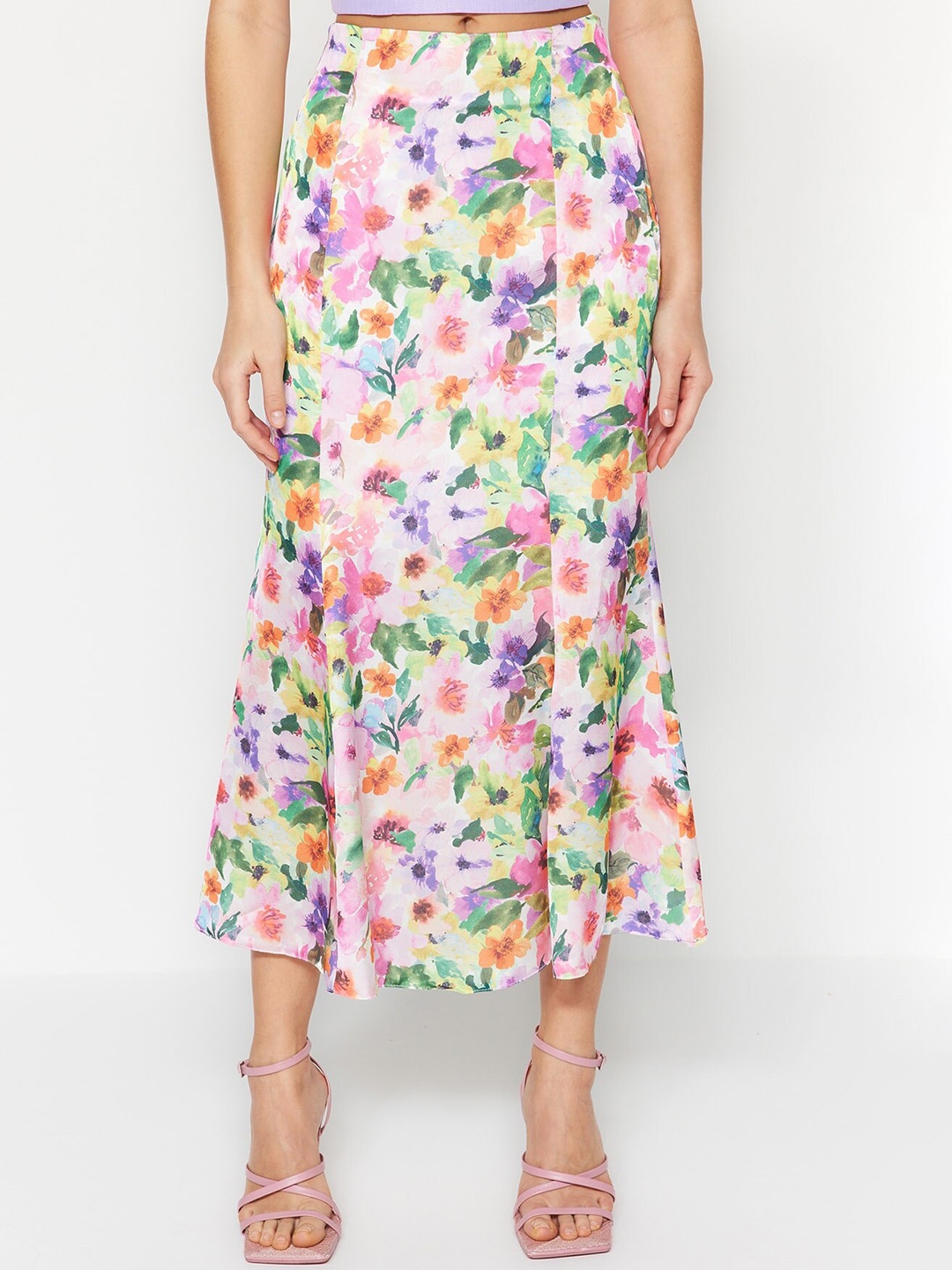 

Trendyol Floral Printed A-line Straight Midi Skirt, White