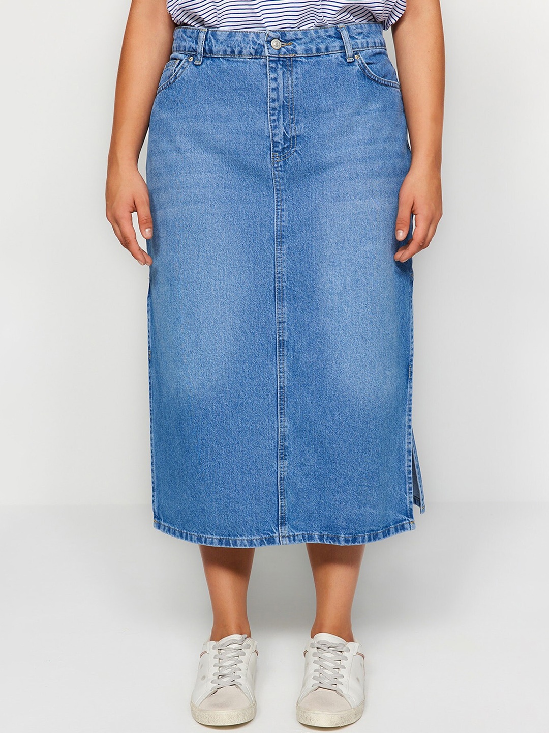 

Trendyol Plus Size Pure Cotton Denim Midi Skirt, Blue