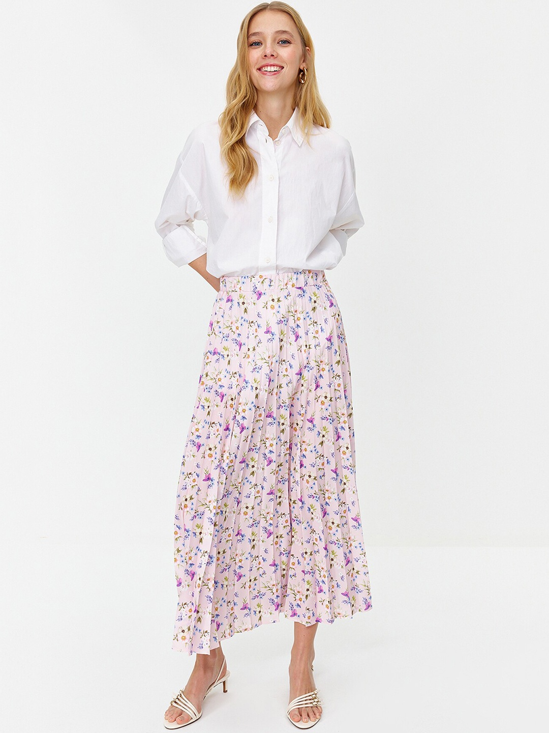 

Trendyol Floral Printed Pleated A-Line Midi Skirt, Pink