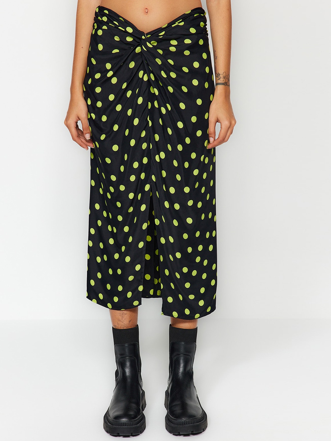 

Trendyol Polka Dots Printed Twisted Midi Skirt, Black