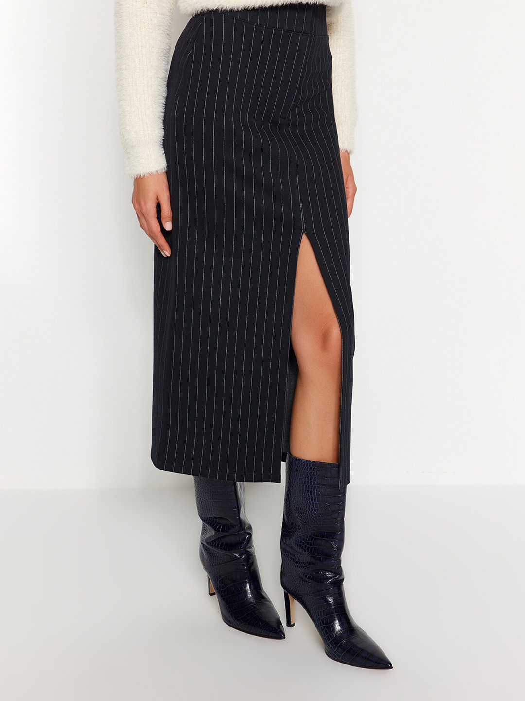 

Trendyol Pinstriped Front Slit Pencil Midi Skirt, Navy blue
