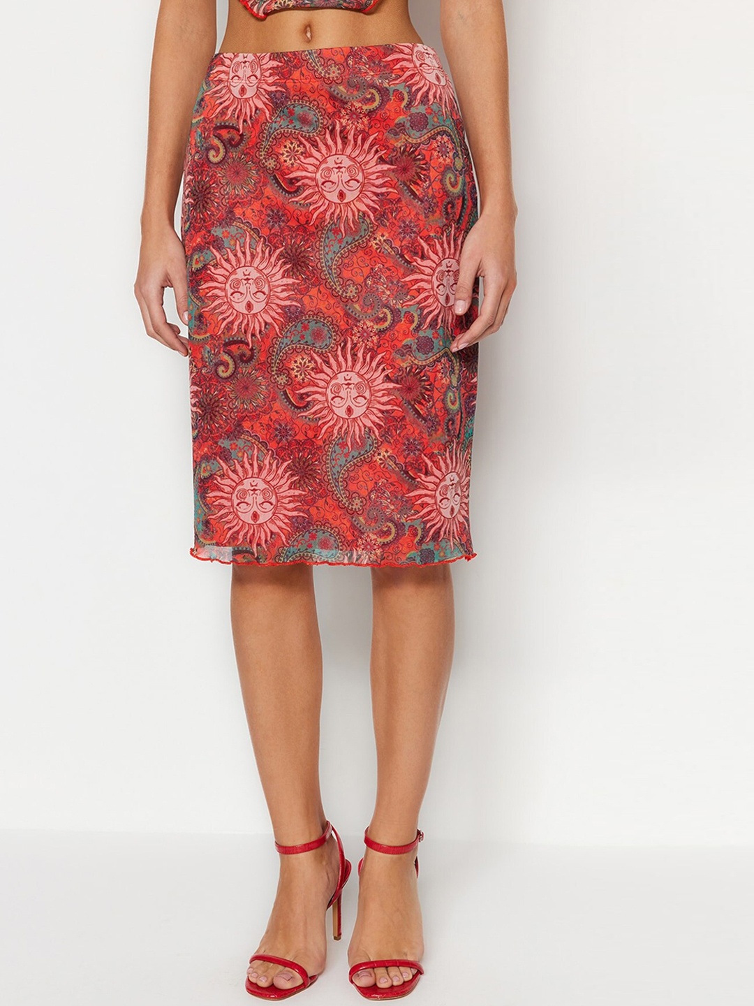 

Trendyol Ethnic Motifs Printed Straight Knee Length Skirt, Red