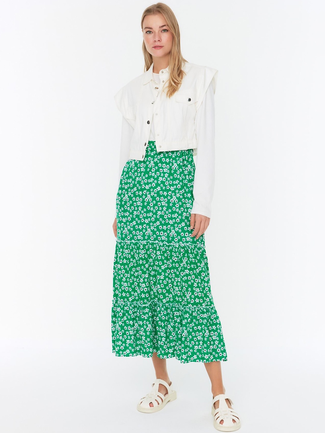 

Trendyol Floral Printed Midi Flared Skirt, Green