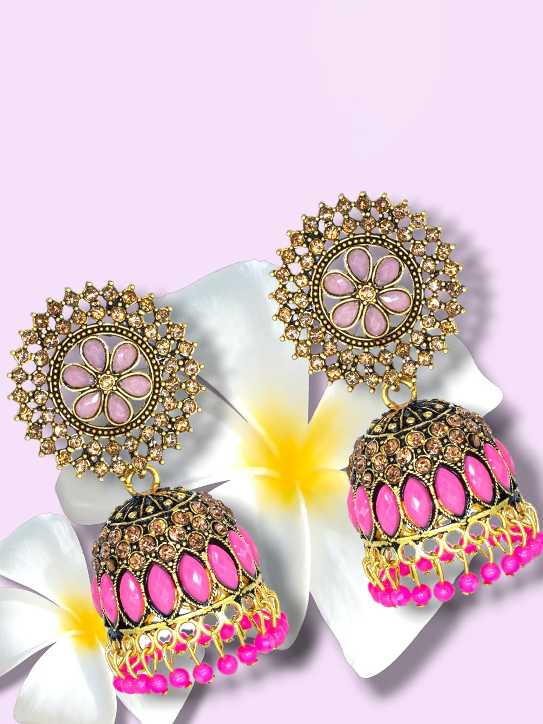 

Manikya Gold Plated Dome Shaped Jhumkas, Fuchsia