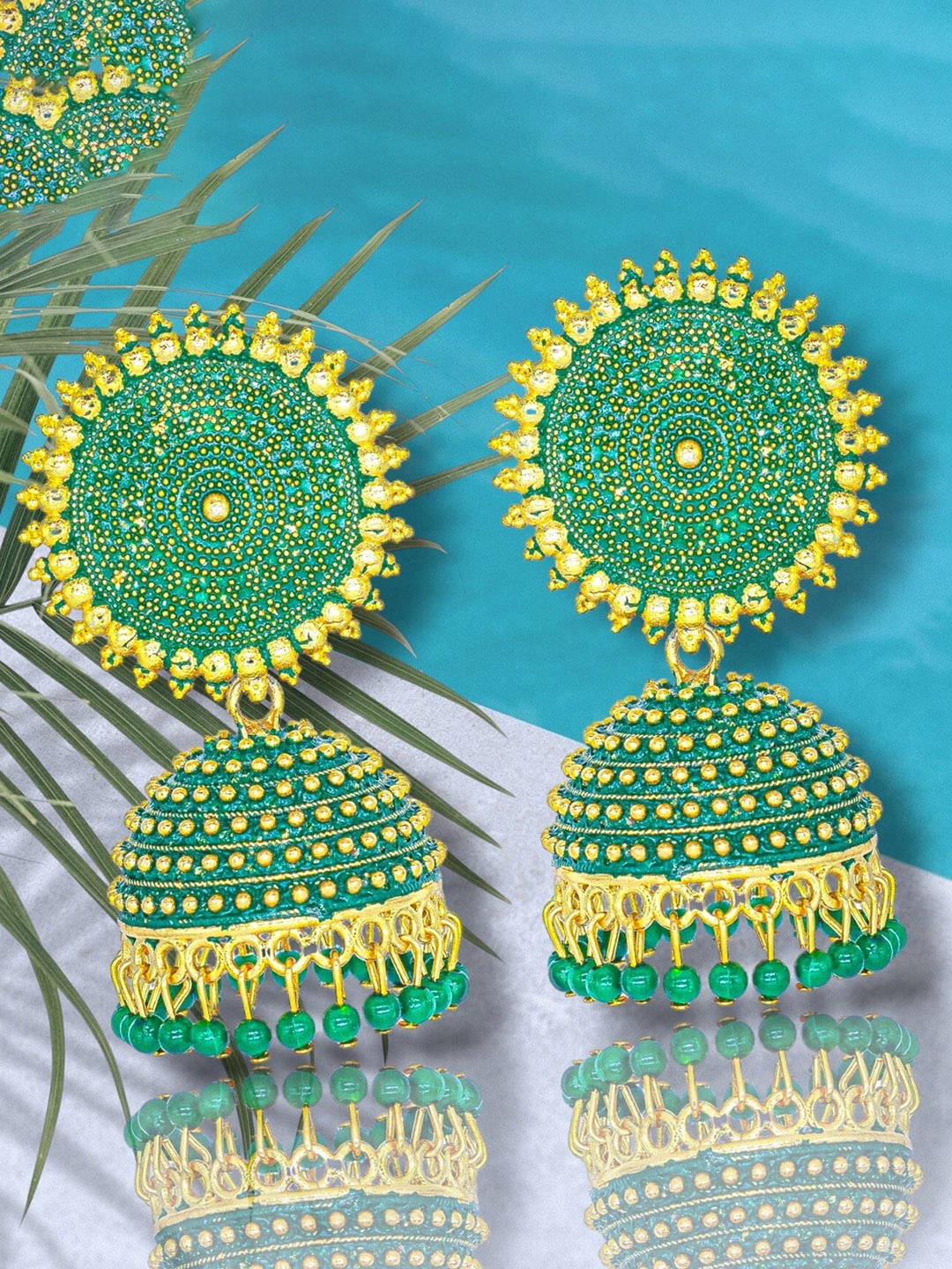 

Manikya Gold Plated Dome Shaped Jhumkas, Green