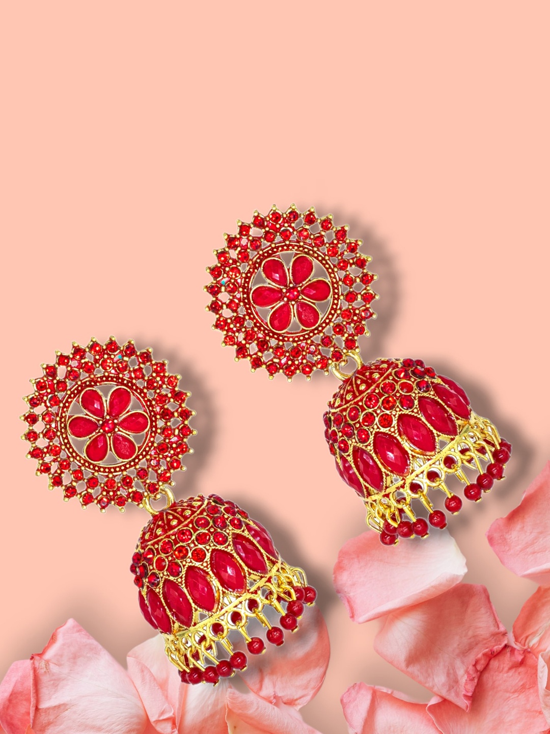 

Manikya Gold-Plated Stones Studded & Beaded Dome Shaped Jhumkas