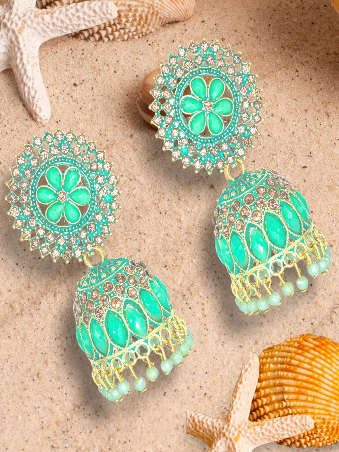 

Manikya Gold-Plated Dome Shaped Jhumkas Earrings, Lime green