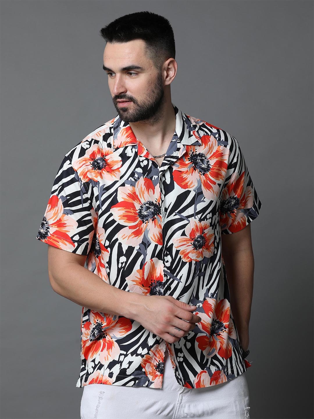 

Skewdeck Comfort Floral Printed Cuban Collar Cotton Casual Shirt, Blue