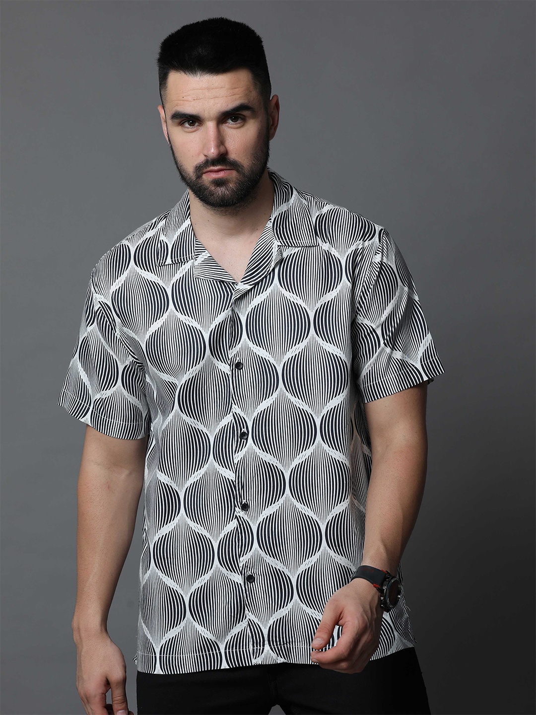 

Skewdeck Comfort Geometric Printed Cuban Collar Cotton Casual Shirt, Grey