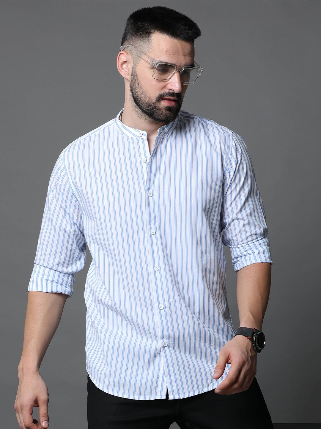 

Skewdeck Comfort Vertical Striped Band Collar Cotton Casual Shirt, Blue