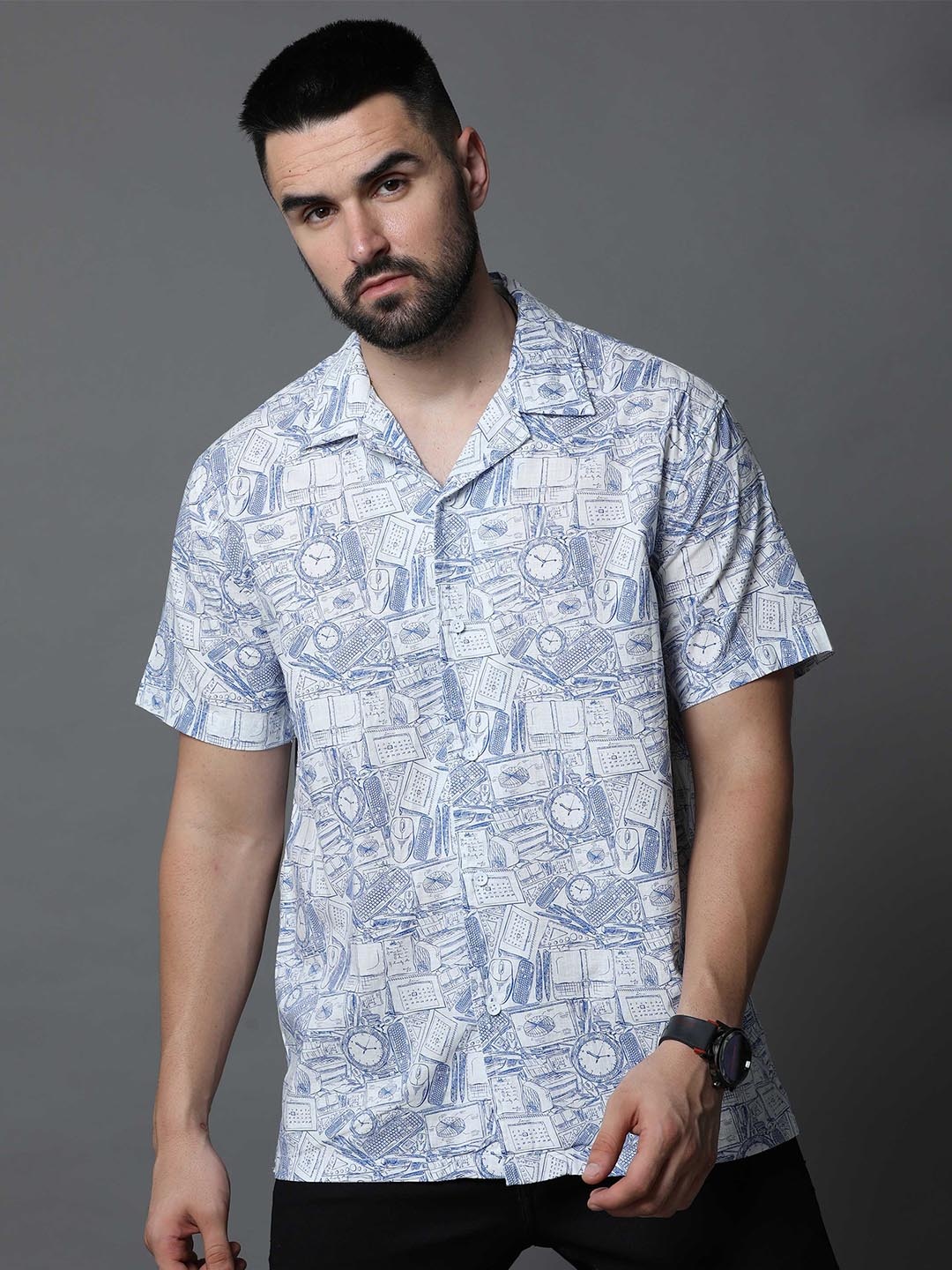 

Skewdeck Comfort Graphic Printed Cuban Collar Cotton Casual Shirt, White