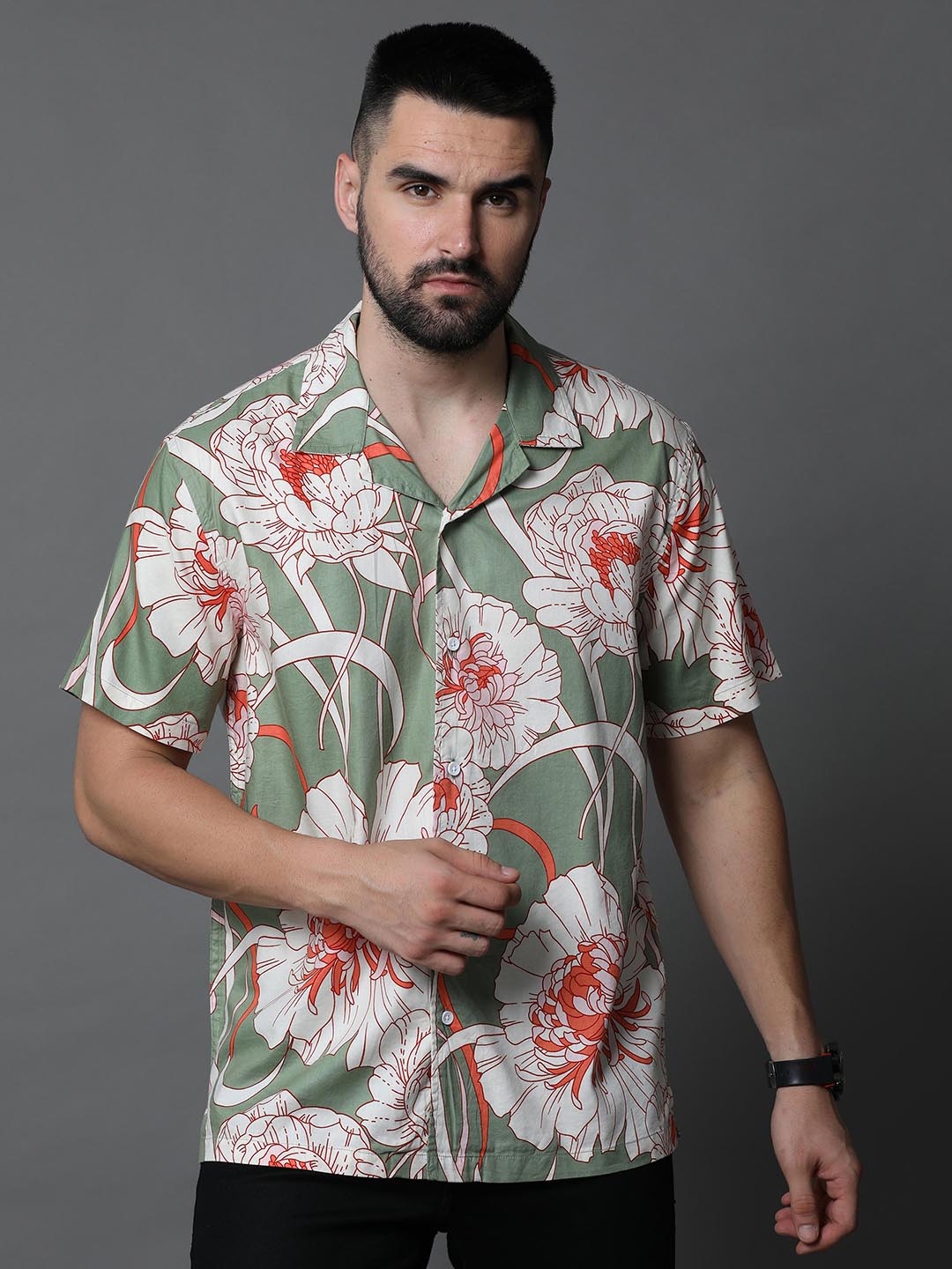

Skewdeck Comfort Floral Printed Cuban Collar Cotton Casual Shirt, Green