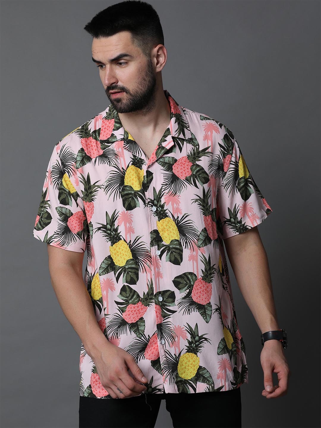 

Skewdeck Comfort Floral Printed Cuban Collar Cotton Casual Shirt, Pink