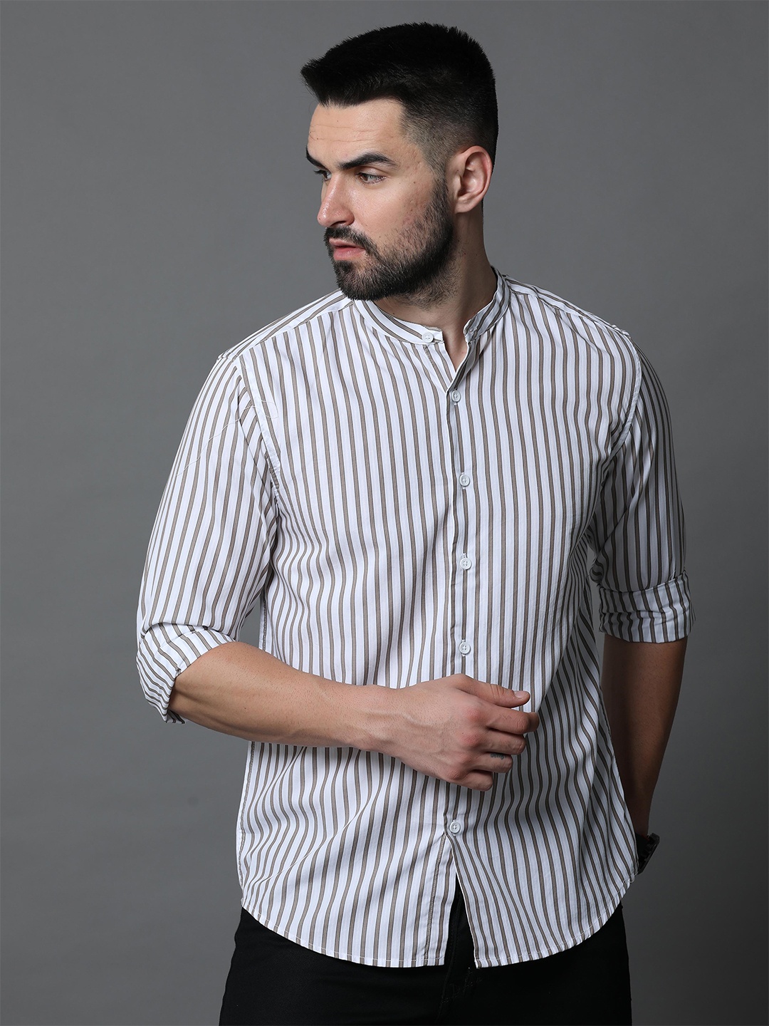

Skewdeck Comfort Vertical Striped Band Collar Cotton Casual Shirt, Grey
