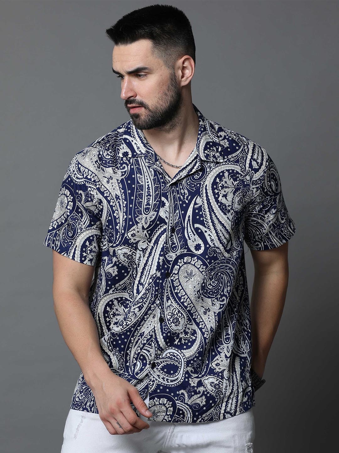 

Skewdeck Comfort Ethnic Motifs Printed Cuban Collar Cotton Casual Shirt, Navy blue