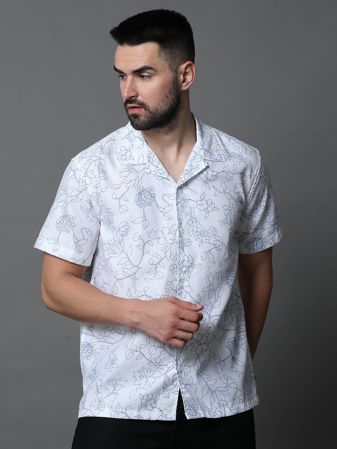 Skewdeck Comfort Floral Printed Cuban Collar Cotton Casual Shirt, White