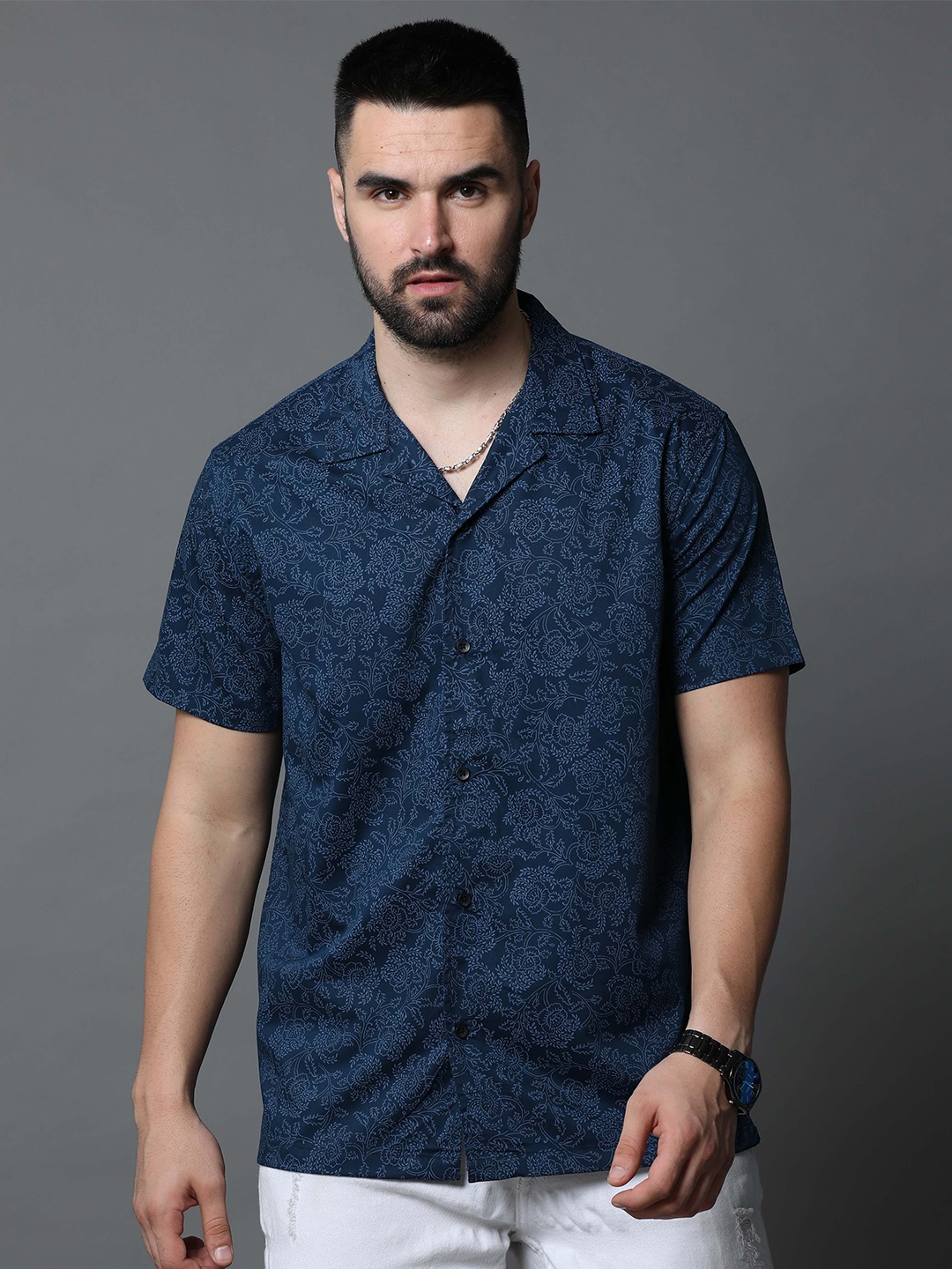 

Skewdeck Comfort Floral Printed Cuban Collar Cotton Casual Shirt, Navy blue