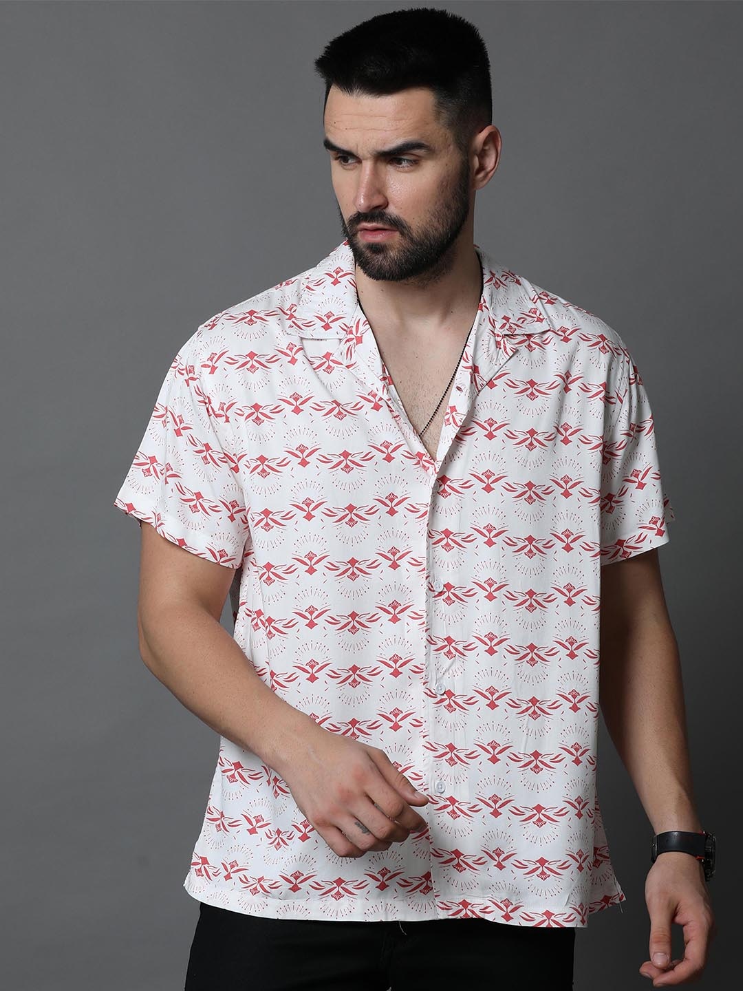 

Skewdeck Comfort Floral Printed Cuban Collar Cotton Casual Shirt, White