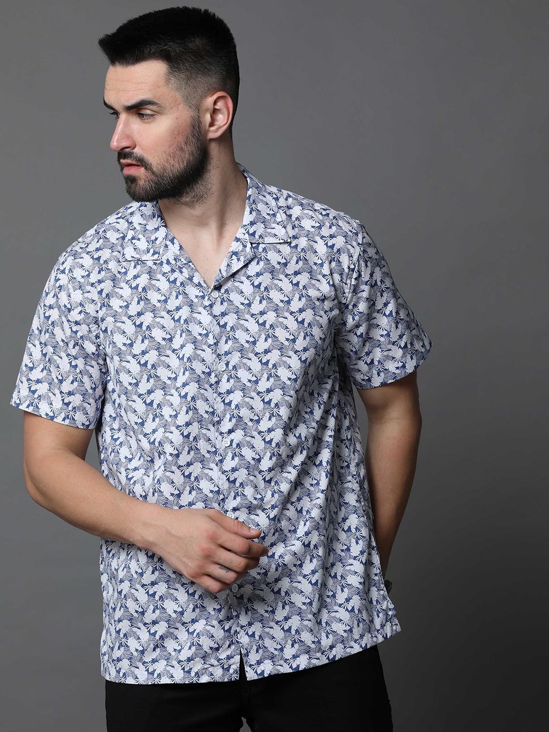 

Skewdeck Comfort Floral Printed Cuban Collar Cotton Casual Shirt, Blue