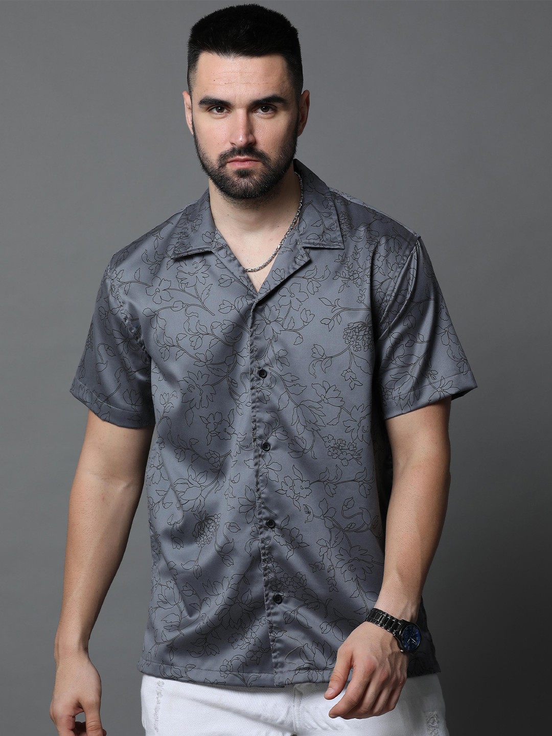 

Skewdeck Comfort Floral Printed Cuban Collar Cotton Casual Shirt, Grey