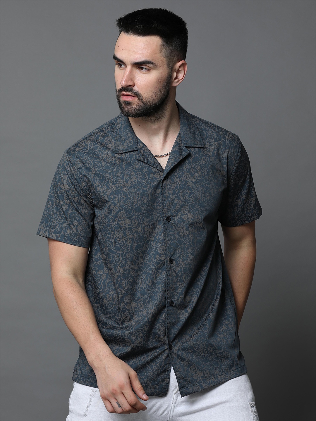 

Skewdeck Comfort Floral Printed Cuban Collar Cotton Casual Shirt, Green