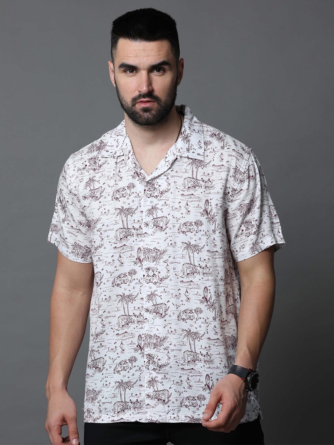 

Skewdeck Comfort Conversational Printed Cuban Collar Cotton Casual Shirt, White