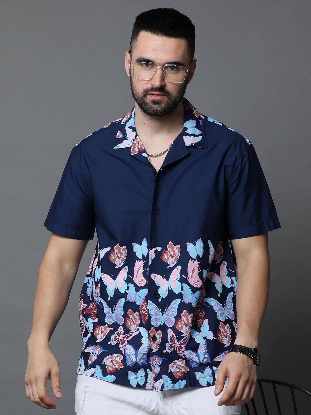 Skewdeck Comfort Conversational Printed Cuban Collar Cotton Casual Shirt, Blue