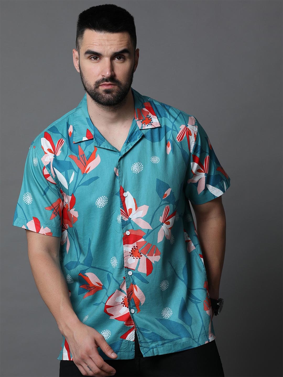 

Skewdeck Comfort Floral Printed Cuban Collar Cotton Casual Shirt, Turquoise blue