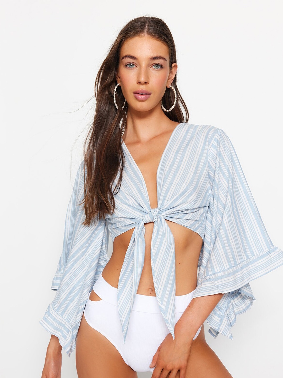

Trendyol Striped V-Neck Flared Sleeves Crop Swim Top, Blue