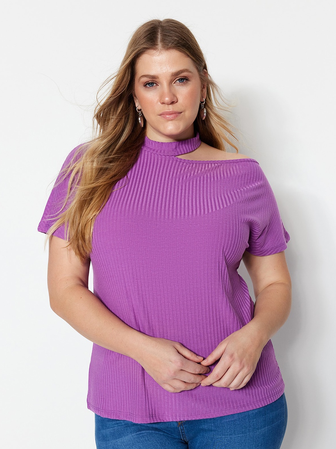 

Trendyol Plus Size Ribbed Choker Neck Top, Purple