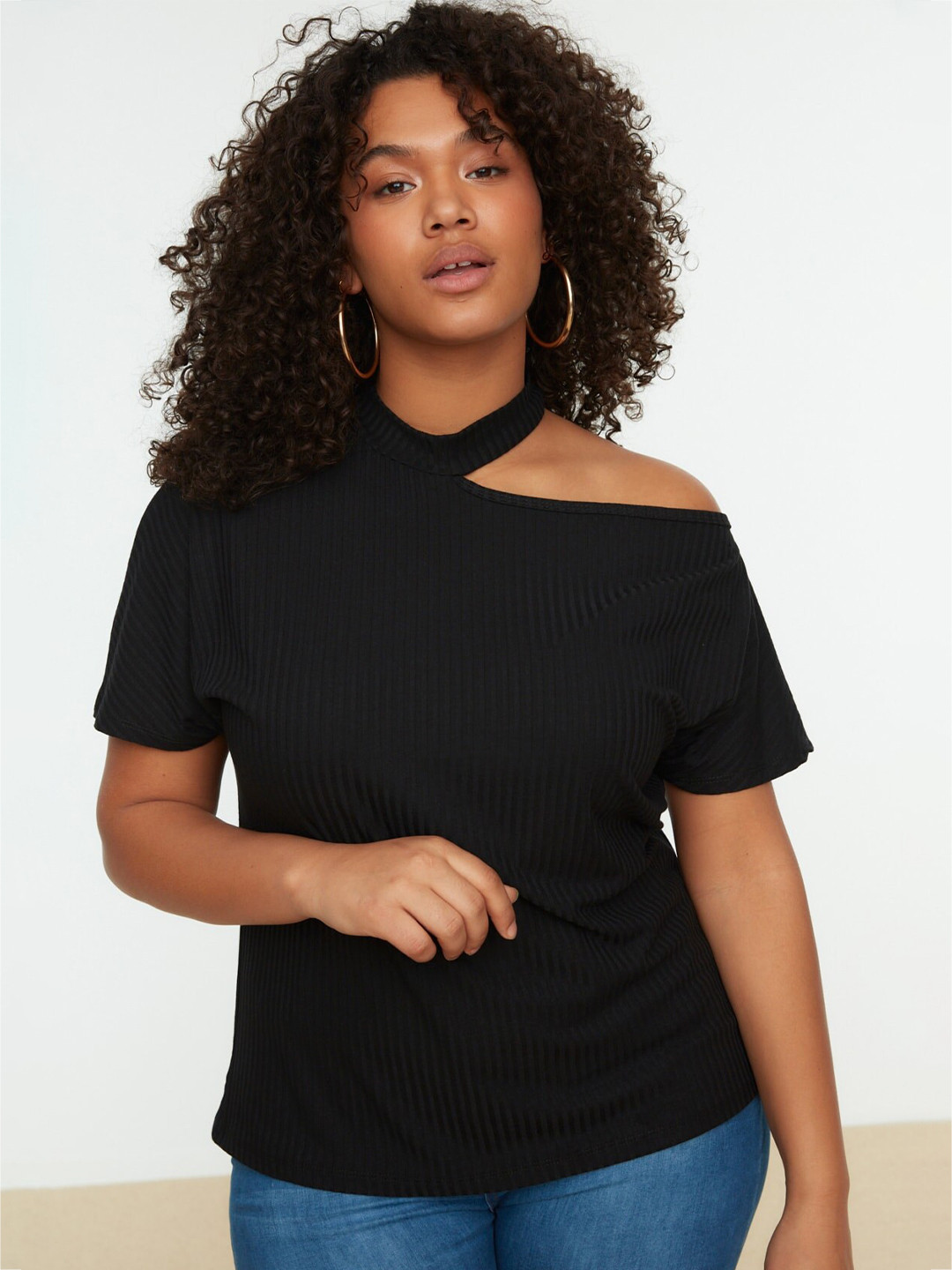 

Trendyol Vertical Striped High Neck Cut Out Detail Top, Black