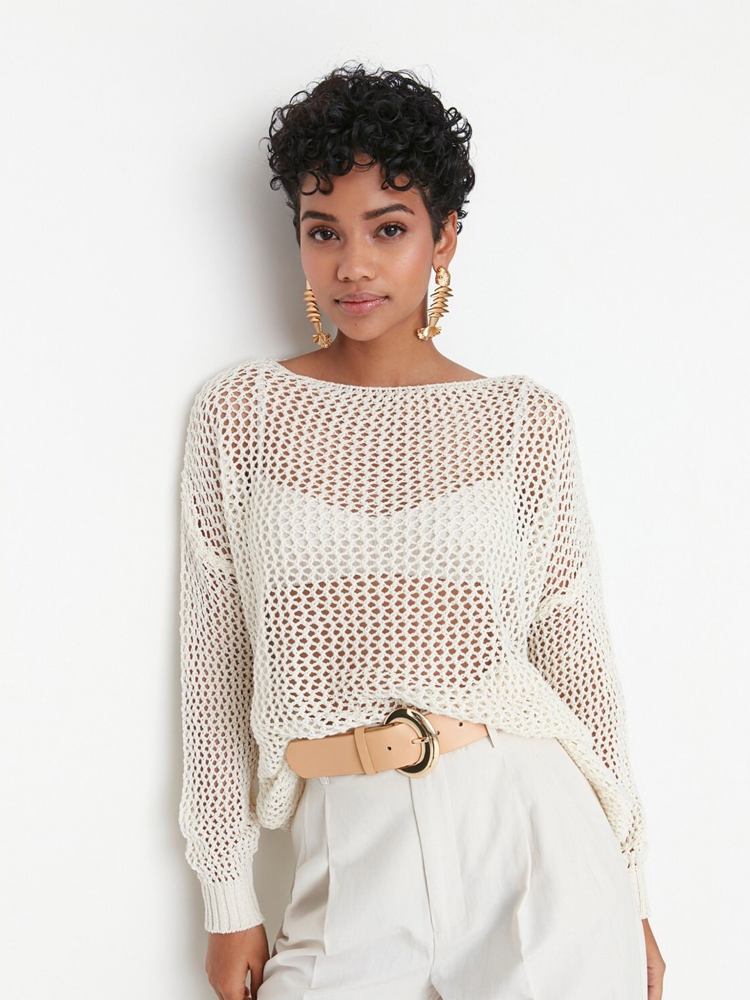 

Trendyol Self Design Boat Neck Sheer Top, White