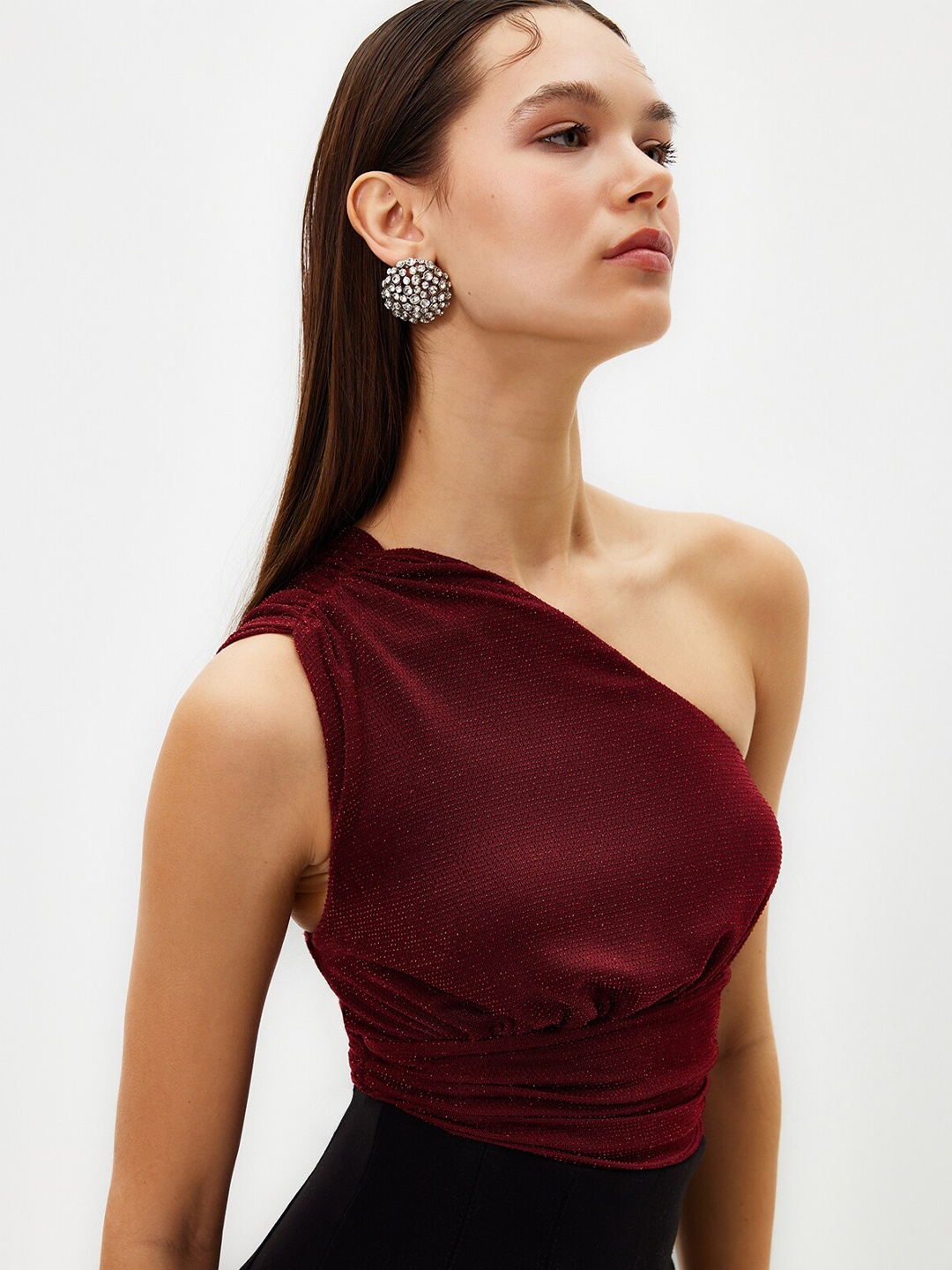 

Trendyol One Shoulder Sleeveless Gathered Fitted Crop Top, Burgundy