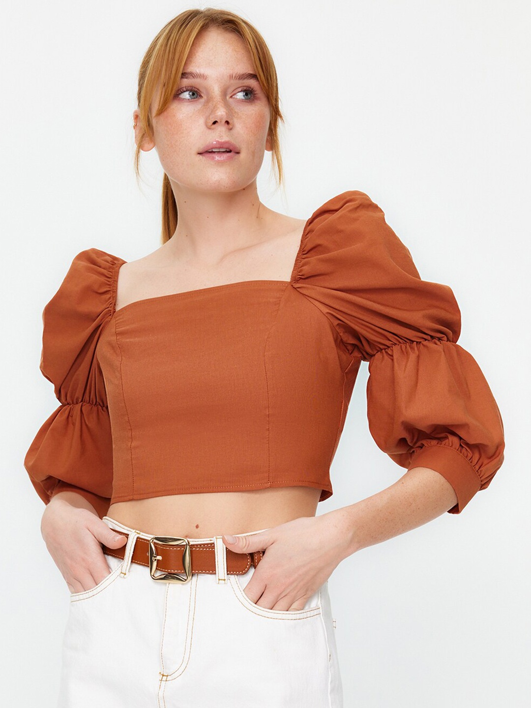 

Trendyol Square Neck Puffed Sleeves Bardot Crop Top, Brown