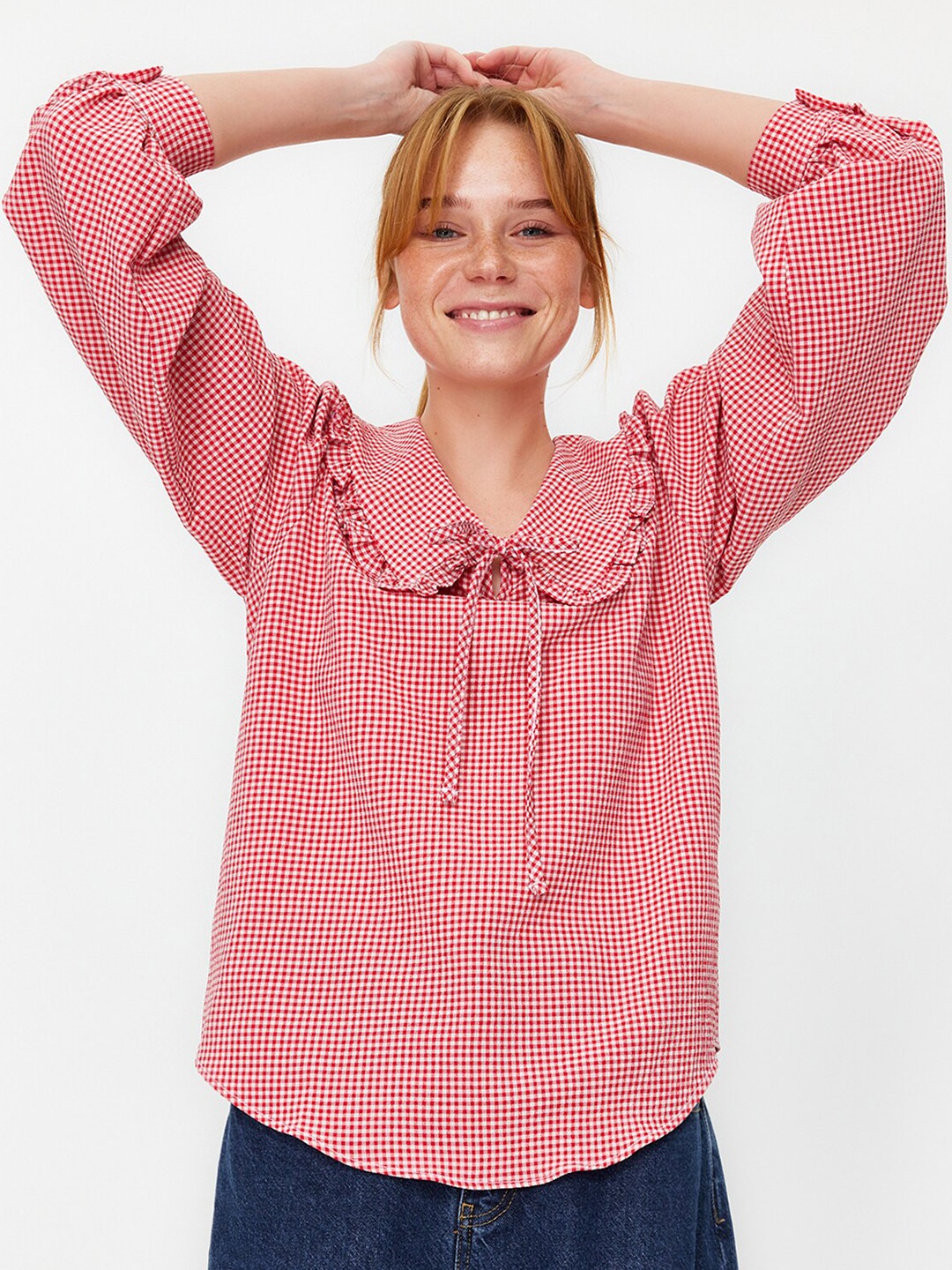 

Trendyol Checked Tie-Up Neck Top, Red