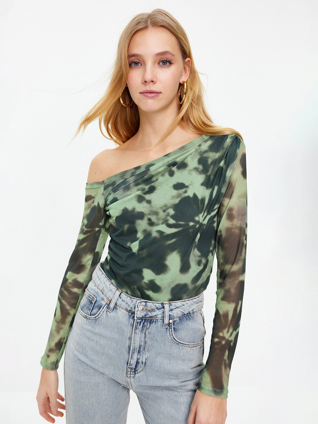 

Trendyol Abstract Printed One Shoulder Top, Green