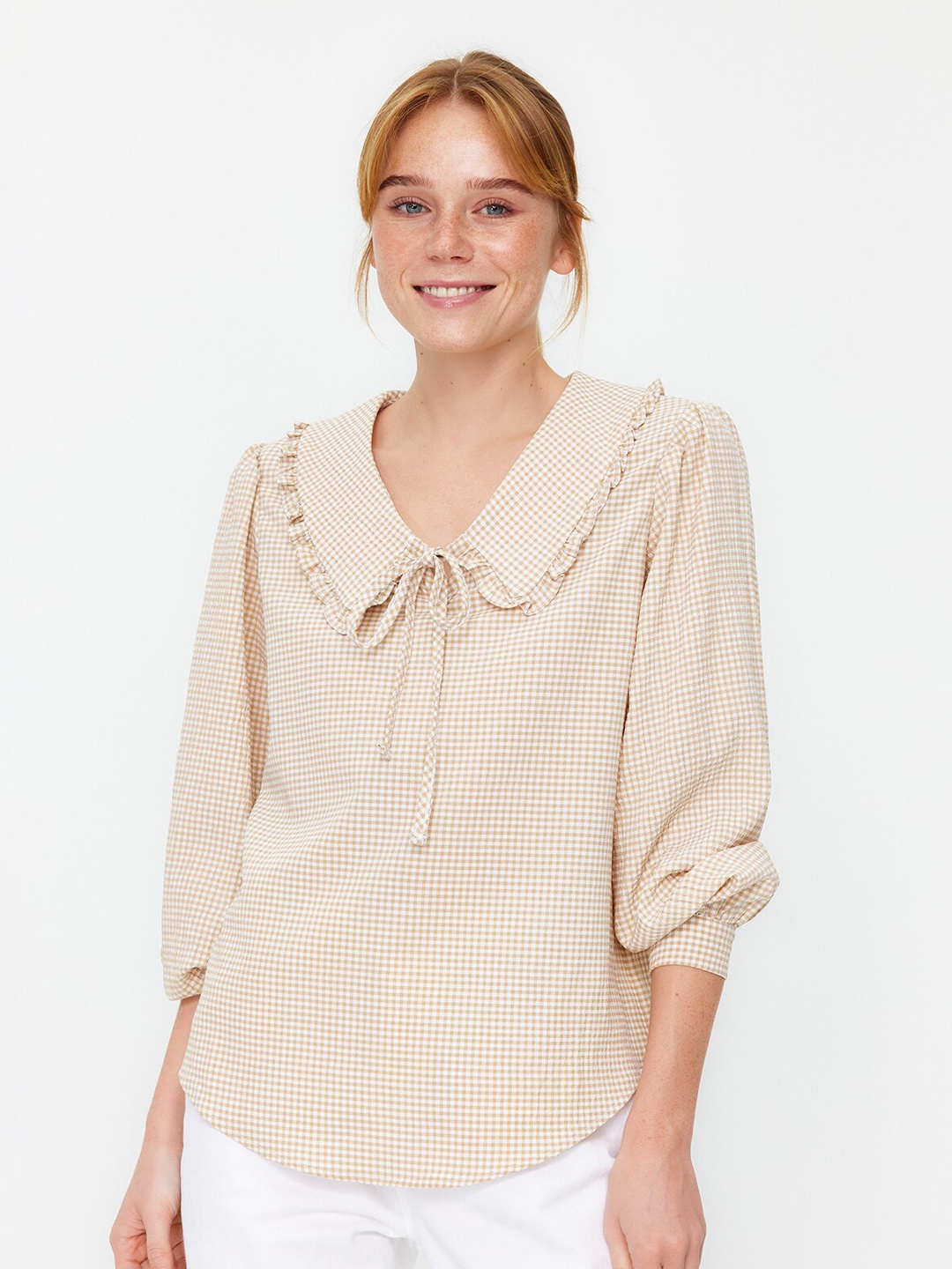 

Trendyol Checked Tie-Up Neck Puff Sleeves Top, Beige