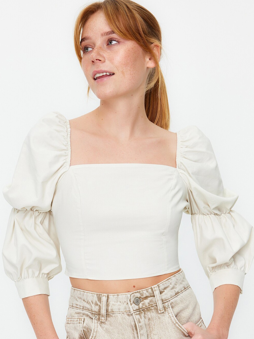 

Trendyol Square Neck Puff Sleeves Cotton Fitted Crop Top, Beige