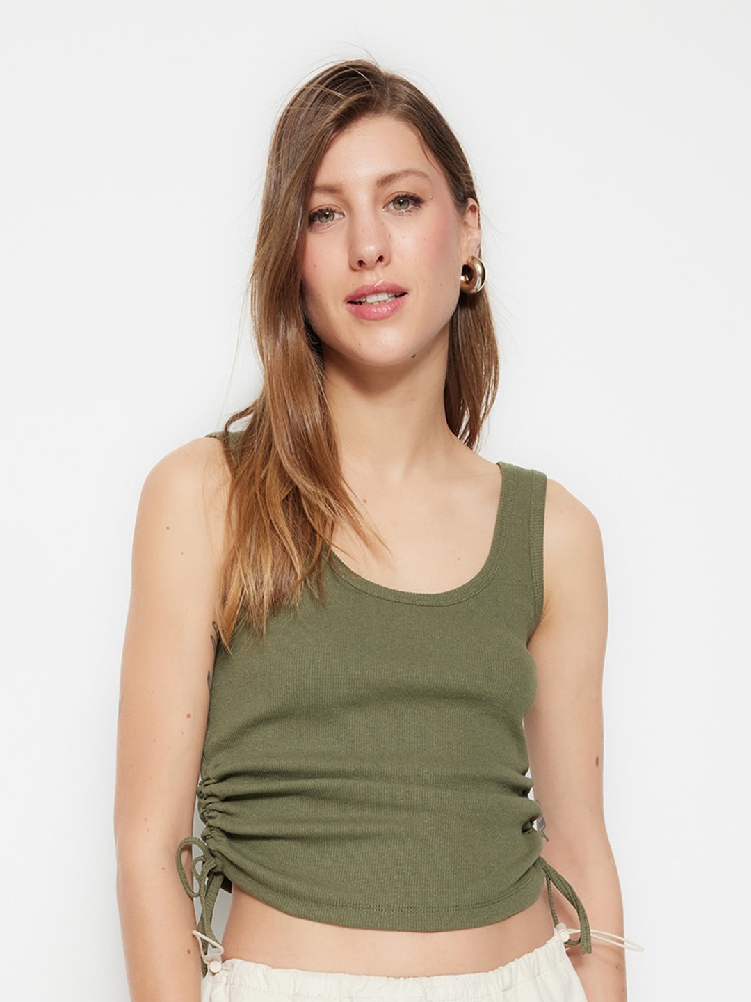 

Trendyol Ruched Scoop Neck Fitted Crop Top, Olive