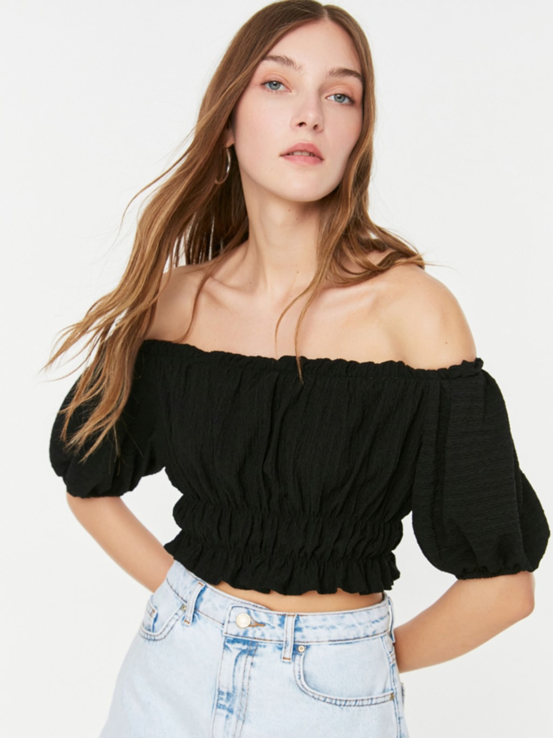 

Trendyol Off-Shoulder Puff Sleeve Bardot Crop Top, Black