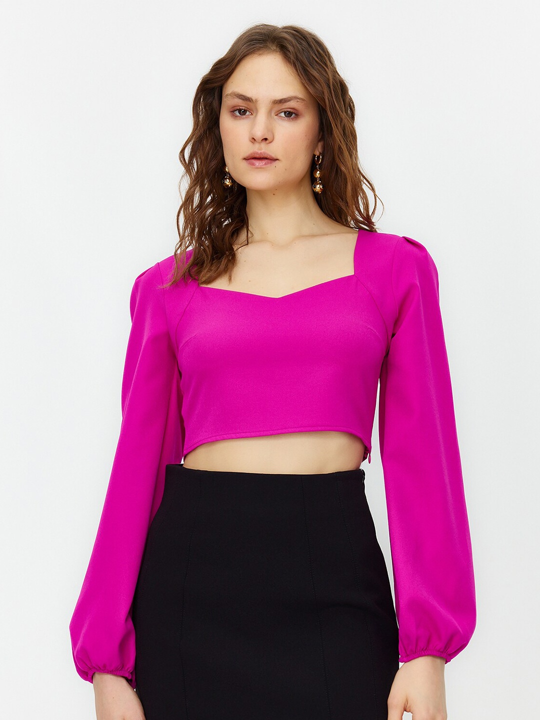 

Trendyol Sweetheart Neck Puff Sleeve Crop Top, Pink