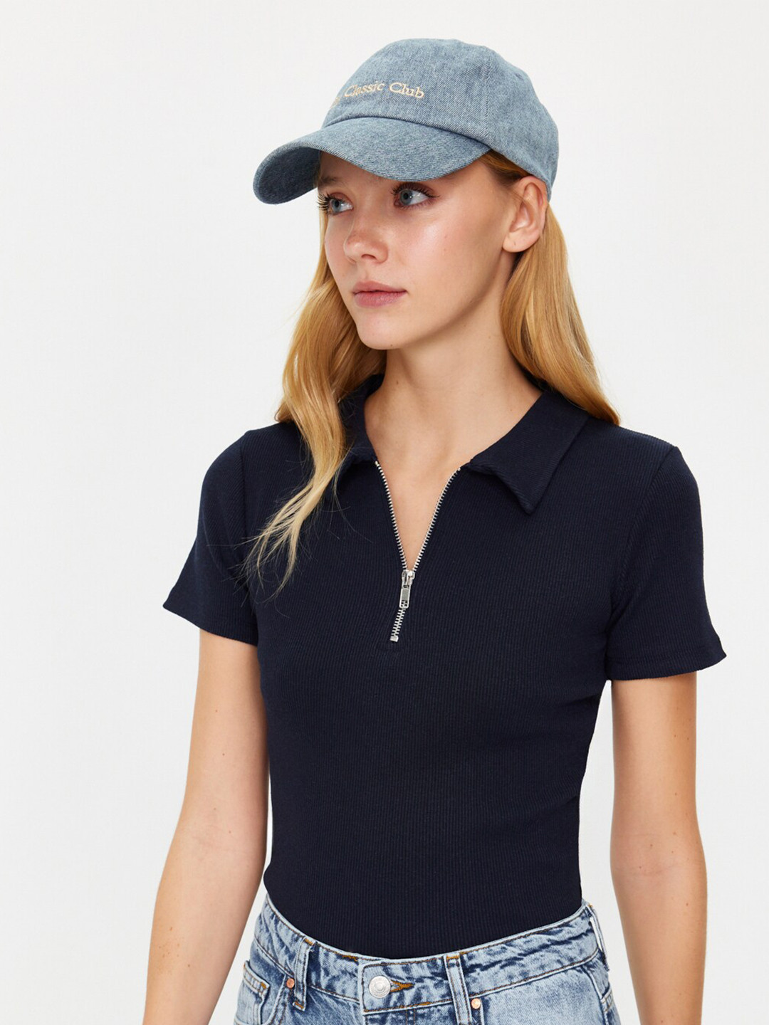 

Trendyol Ribbed Shirt Collar Short Sleeves Top, Navy blue