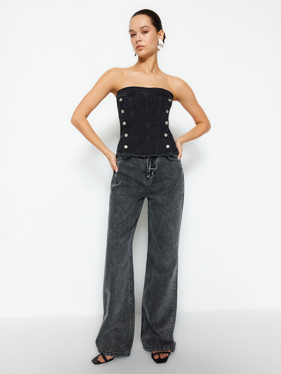 

Trendyol Strapless Denim Corset Style Top, Black