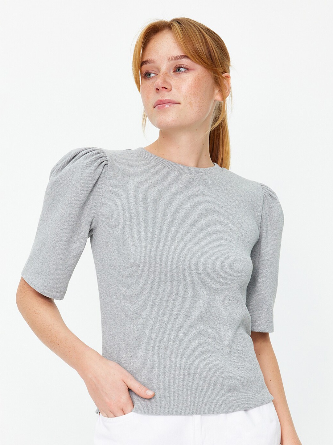 

Trendyol Puff Sleeve Fitted Top, Grey