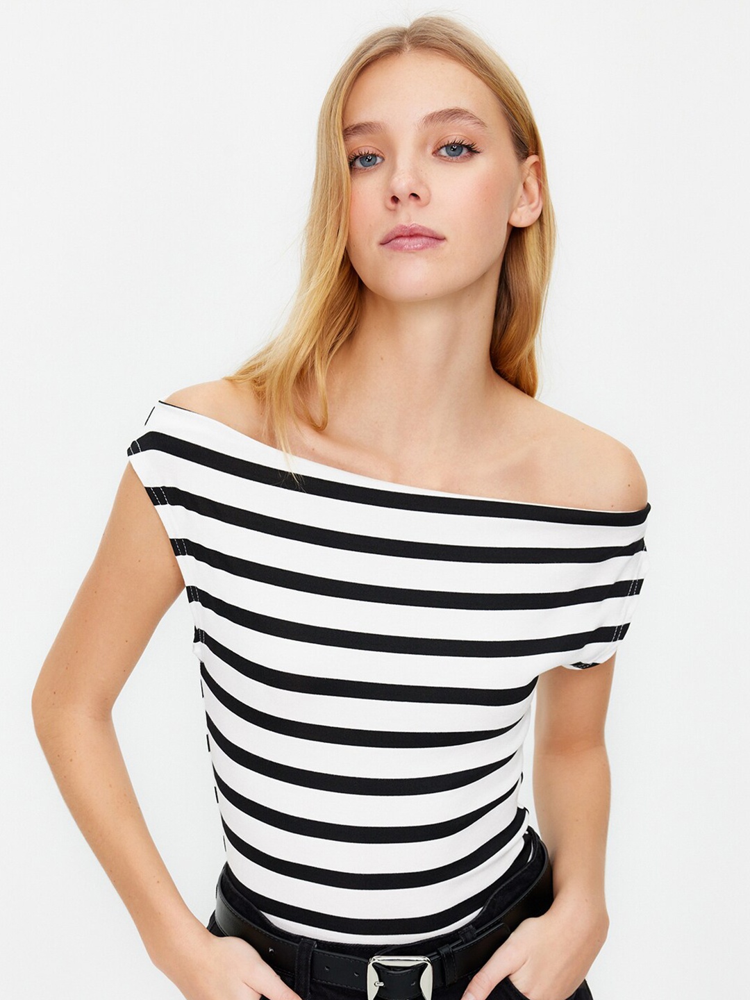 

Trendyol Striped Off-Shoulder Bardot Top, White
