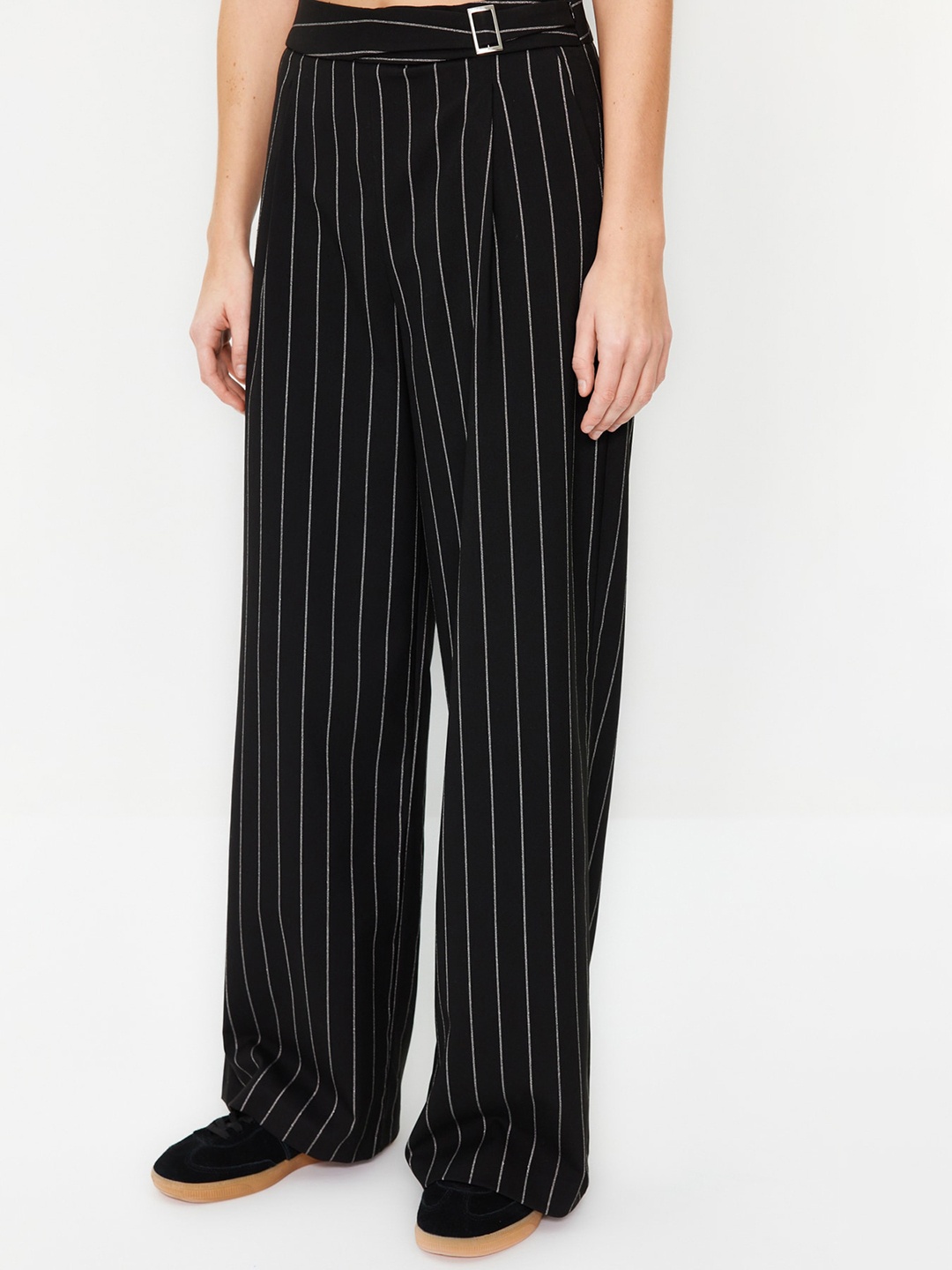 

Trendyol Women Striped Mid-Rise Parallel Trousers, Black