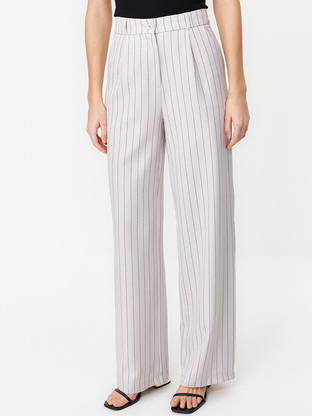 

Trendyol Women Striped Pleated Parallel Trousers, Grey