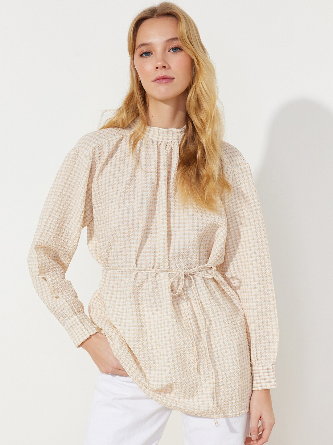 

Trendyol Checked High Neck Cuffed Sleeves Tunic, Beige