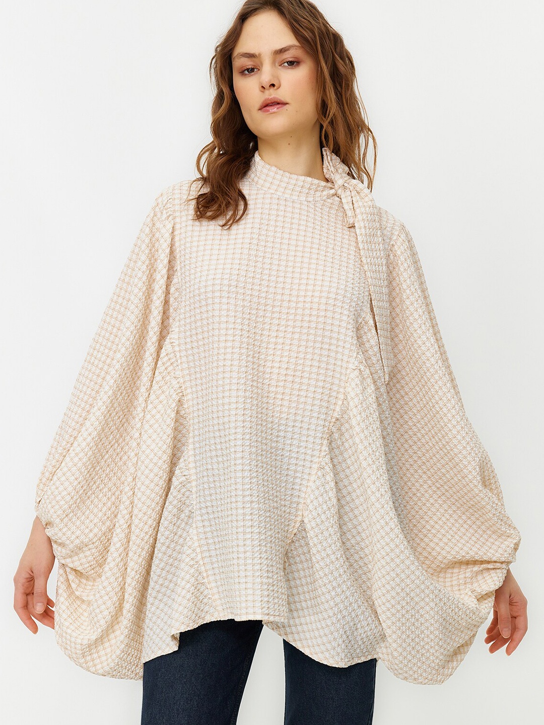 

Trendyol Checked Tie Up Neck Tunic, Beige